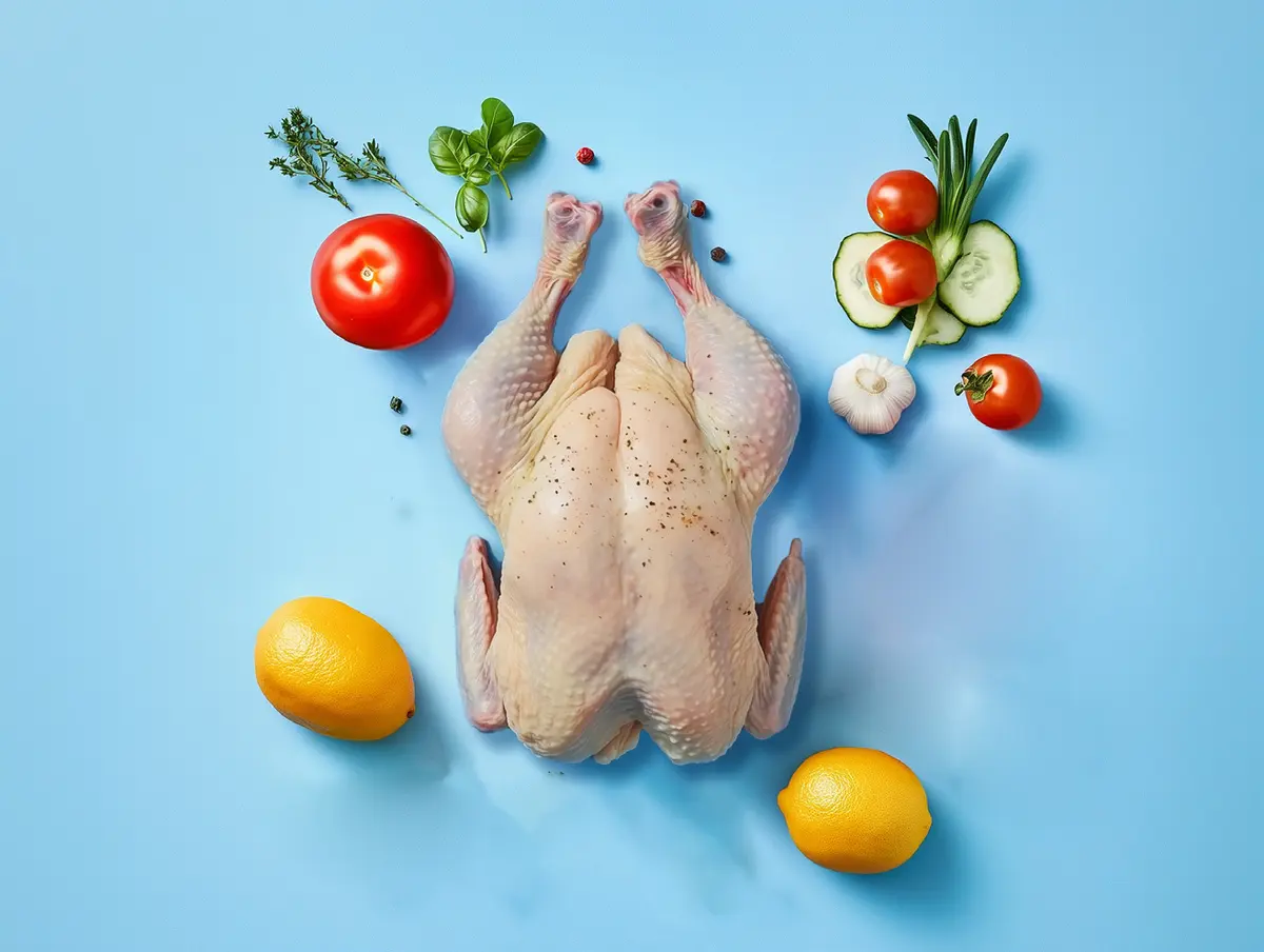 Pollo entero fresco sobre fondo celeste, rodeado de vegetales